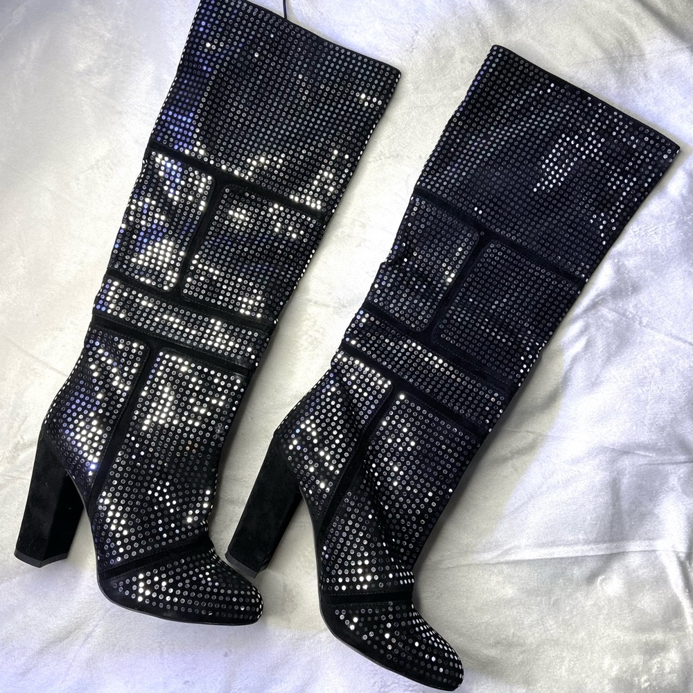 Akira Knee High Silver Sequin Boots